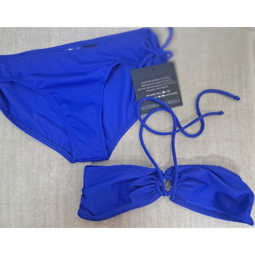 Norma Kamali Bikini 2 Piece Small Electric BLUE Bandeau Top Bottom String Ties